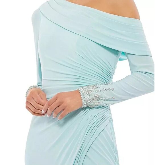 Ieena Mac Duggal One-Shoulder Long Sleeves Beaded Jersey Midi Dress - Picture 4 of 4